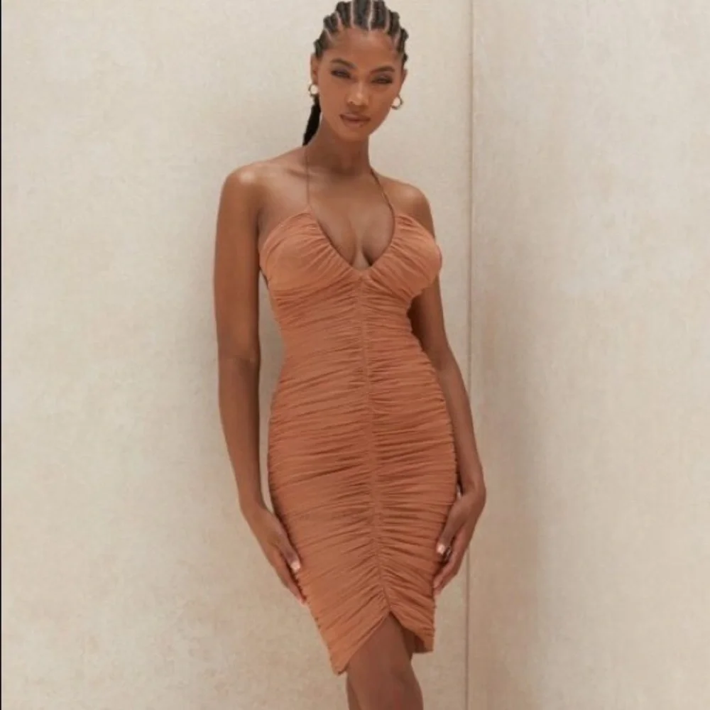 NWT House of CB Tiarra nude ruched mesh midi dress - Picture 2 of 11
